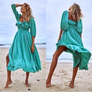Free People Oasis Midi Smocked Dress Small Golf Green